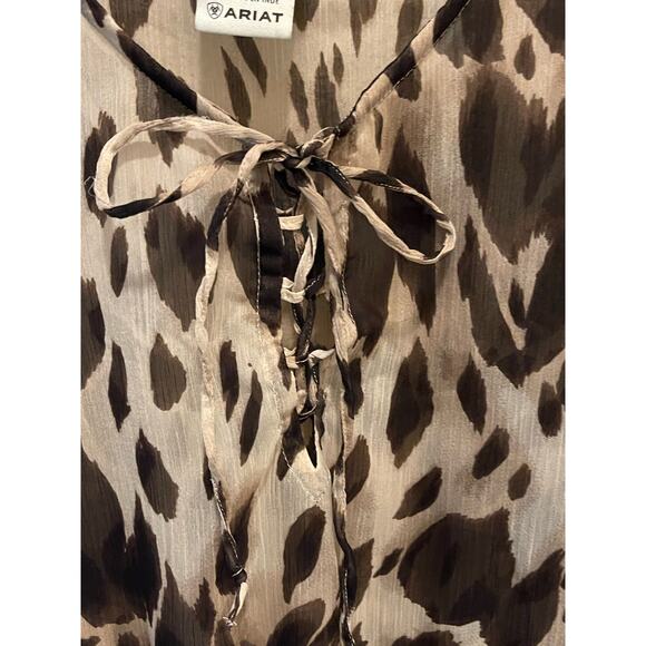 ARIAT Women’s  Sheer Brown Animal Print Blouse Elastic Cuff Waist Tunic Small - Picture 3 of 9